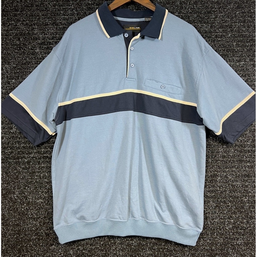 Vintage Online Striped Short‎ Sleeve Grandpa Golf Polo Shirt Mens Blue Large